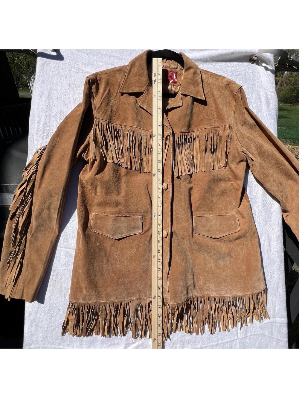 Vintage Western Fringe Suede Leather Jacket Tan Brown Button Front Coat Size XL - Picture 6 of 9
